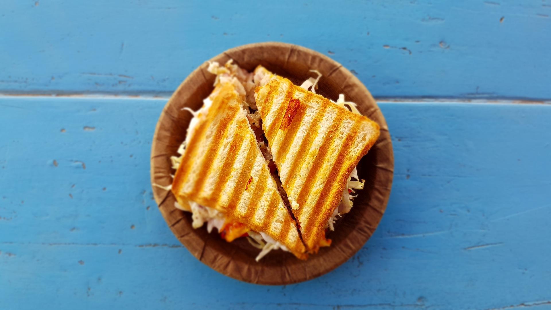 A grilled sandwich cut in half on a plate